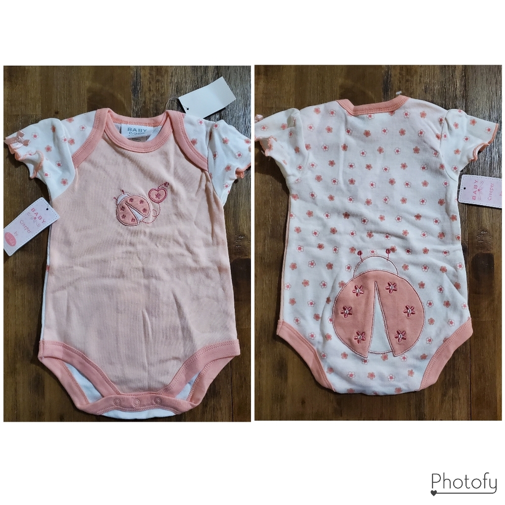 NWT Bon Bebe Baby Girl Peach & White Floral Lady Bug & Heart Onesie / Bodysuit